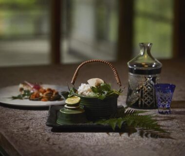 Table arrangement with ceramic carafe, glass, small dishes and floral basket in Hakone Retreat villa 1/f, Kanagawa