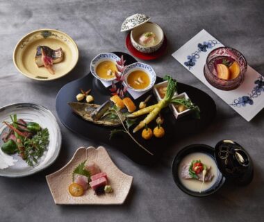 Assorted Japanese small plates and bowls on ceramic and lacquerware at Hakone Retreat villa 1/f, Kanagawa, Japan