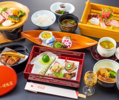 Assorted Japanese dishes in lacquer trays at Hakone Yumoto Onsen Hotel Kajikaso, Kanagawa Japan