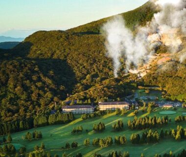 Aerial view of hotel complex with steam rising from vents at Hakone Yunohana Prince Hotel in Kanagawa Japan