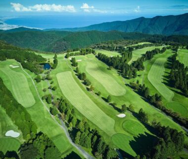Aerial view of rolling golf fairways and bunkers at Hakone Yunohana Prince Hotel in Kanagawa