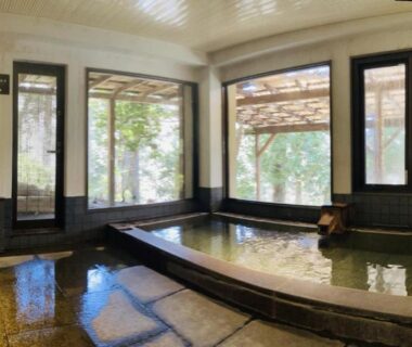 Indoor wooden onsen bath with large windows at Hakonesaryo Kintoki, Kanagawa, Kantō, Japan
