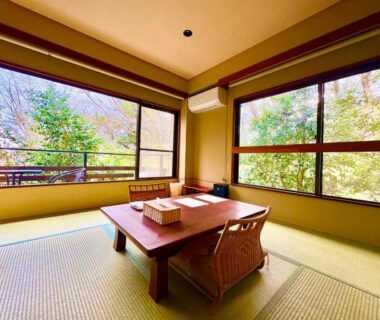 Bright tatami room with low wooden table, two chairs and large windows overlooking leafy garden views