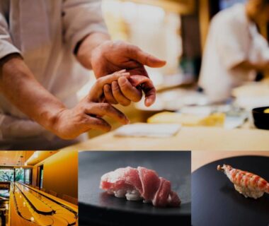 Chef shaping nigiri sushi at Haku Fuji Yamanakako ryokan in Yamanashi