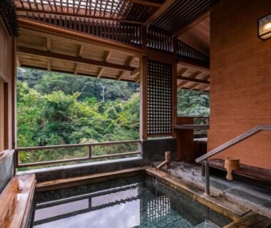 Wooden onsen overlooking forest at Hakuunsou in Kanagawa, Kantō
