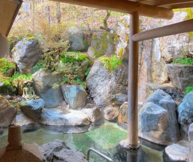 Rock-lined open-air onsen with wooden roof and stone lantern overlooking rocky garden at Hakuunsou, Gifu