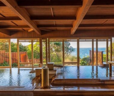 Indoor onsen bath with sea view at Hamachidorinoyu Kaisyu in Wakayama Kansai