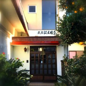 Ryokan entrance with wooden sliding doors, lanterns and potted greenery beside a fruiting citrus tree