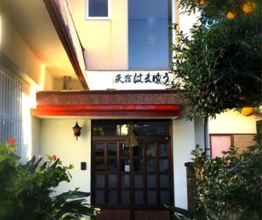 Ryokan entrance with wooden sliding doors, lanterns and potted greenery beside a fruiting citrus tree