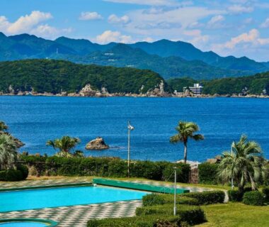 Outdoor pool, palm trees and bay at Hana Irodori no Yado Kayuu in Wakayama