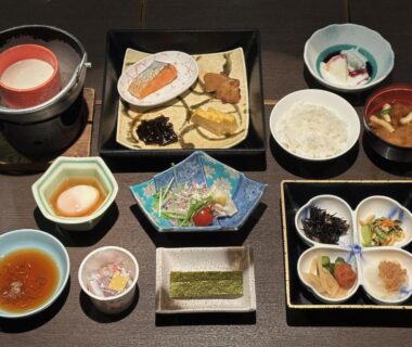 Traditional Japanese breakfast spread with rice, miso soup and small side dishes at Hana to Hana, Tochigi