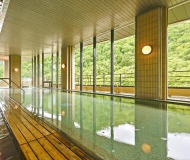 Indoor onsen bath with wooden walkway at HanaMOMIJI in Hokkaidō overlooking forested hills
