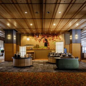 Spacious wooden-ceiling lobby with reception desk and central floral arrangement at HanaMOMIJI Hokkaidō