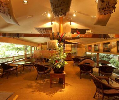 Warm ryokan lounge with wooden chairs, low tables, central flower arrangement and large windows overlooking greenery