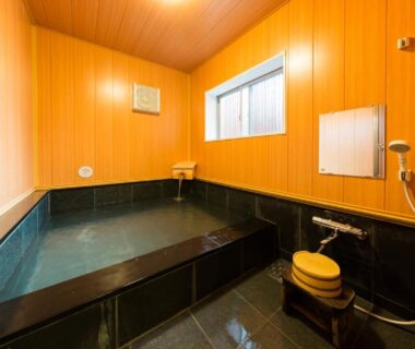 Deep tiled indoor soaking bath with wooden paneling, handheld shower, stool and bucket at Hanaingen, Gunma