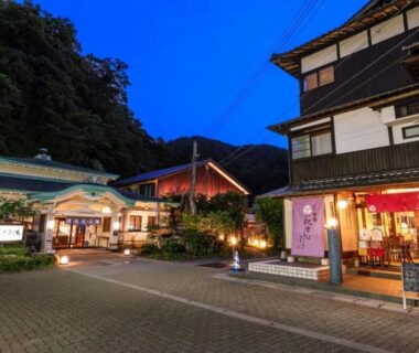 Illuminated ryokan entrance and courtyard at dusk, Hanamandara, Hyōgo, Kansai, Japan