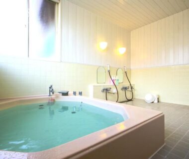 Indoor onsen bath with washing area and soaking tub at Hanamizuki, Yamanashi