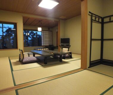 Traditional tatami room with low table, floor cushions, shoji screens and view of trees at Hananoyado Fukuya in Kanagawa
