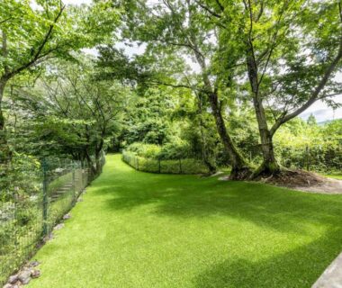 Manicured lawn and shaded trees at Hanare no Yado Hanagokoro garden, Kumamoto Kyushu