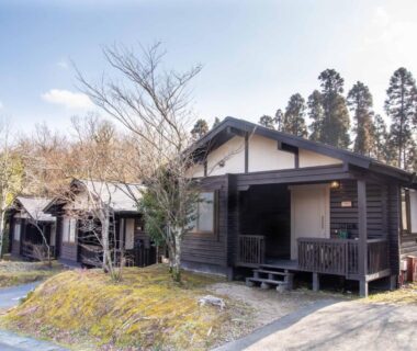 Two detached wooden cottages with porches along a winding path amid trees at Hanare no Yado Hanagokoro, Kumamoto