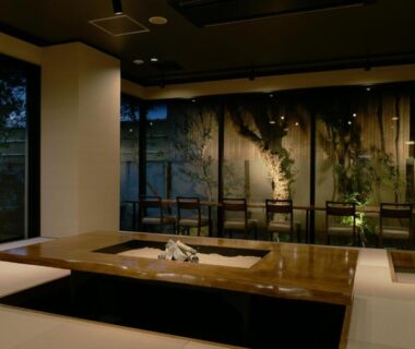 Recessed seating with low table and tatami in Hanasuishou lounge, Yamanashi, Chūbu