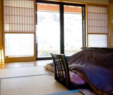 Tatami room with kotatsu, floor chair and shoji screens at Hanaya Tokubei in Nara Kansai