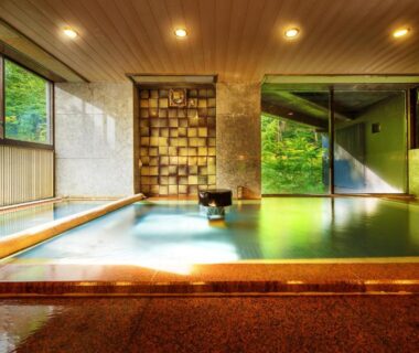 Indoor onsen bath with wooden ceiling and large windows at Harataki in Fukushima Tōhoku