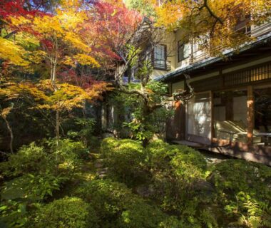 Moss-covered courtyard garden with autumn maple foliage beside Hashinoya Bekkan Ransui wooden facade in Hyōgo