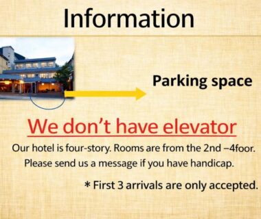 Entrance notice showing parking arrow and no elevator warning at Hatago Nagomi, Tochigi