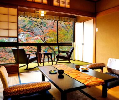Tatami room with low table, shoji screens and seating facing autumn foliage through large window