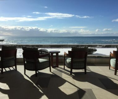 Terrace seating overlooking the sea at Heiseikan Shiosaitei, Hokkaidō, Japan