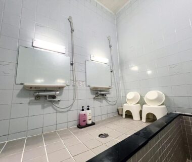 Tiled wash area with stools, mirrors and handheld showers at Henmi Ryokan Hokkaidō