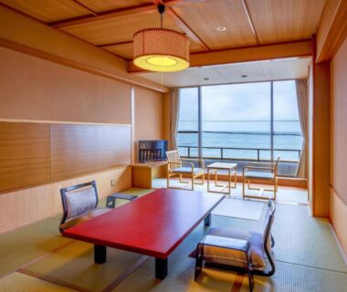 Tatami room with low table and balcony sea view at Hiina, Shizuoka, Chūbu Japan