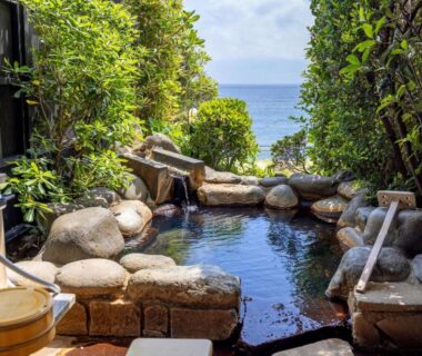 Outdoor stone onsen framed by greenery with ocean view at Hiina in Shizuoka