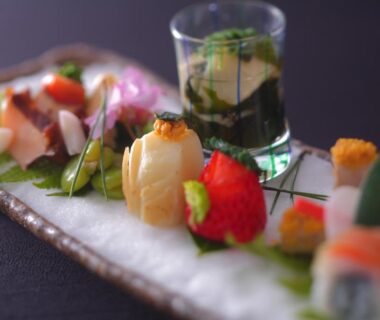 Assorted sashimi and sushi appetizers with small glass starter at Hiina ryokan, Shizuoka, Chūbu, Japan