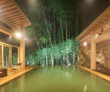 Onsen bath framed by bamboo at Hikyou Shirakawagensen Sansou Takefue, Kumamoto