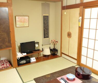 Traditional tatami room with low table, zabuton cushions, shoji screens and television at Hinodeya, Shizuoka