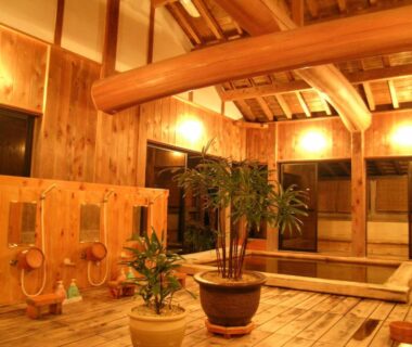 Wooden communal bathing room with stools, shower stations and tubs at Hiogiso ryokan in Mie