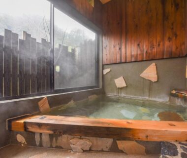Steam-filled wooden indoor onsen bath at Hirayama Onsen Ryokan Kadoya, Kumamoto, Kyūshū