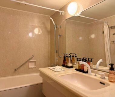 Compact bathroom with bathtub, sink, mirror, soap dispensers and towel at Hiroshima no Yado Aioi in Hiroshima