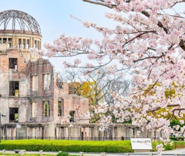 Cherry blossoms framing the Genbaku Dome near Hiroshima no Yado Aioi in Hiroshima, Chūgoku