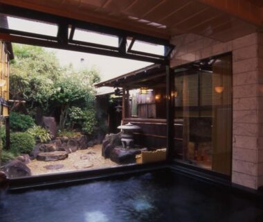 Indoor bathing area with garden view at Hitomaru Kadan, Hyōgo, Kansai
