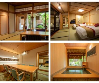 Traditional tatami room with low table and garden view at Hohoemino Kuyufu Tsuruya, Yamagata Japan