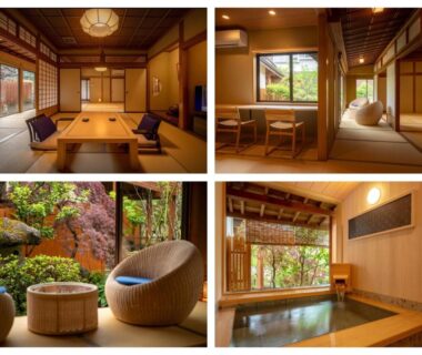 Traditional tatami room with low table, shoji screens and garden view at Hohoemino Kuyufu Tsuruya in Yamagata, Tōhoku