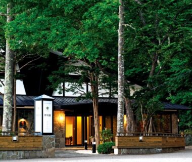 Tree lined entrance of Hokkaido Lakeside Hotel Suimeikaku in Hokkaido with warm lanterns and wooden facade