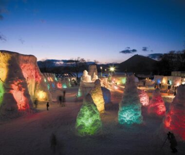 Illuminated ice sculptures at dusk, Hokkaido Lakeside Hotel Suimeikaku, Hokkaidō