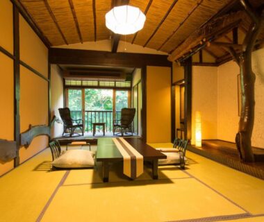 Traditional tatami room with low table, cushions and sliding doors opening to a green garden at Honke Bankyu, Tochigi