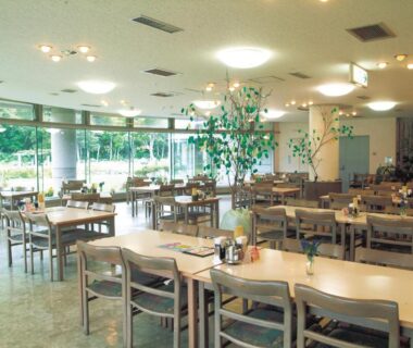 Spacious dining area with tables and chairs at Horoshin Onsen Hotarukan, Hokkaidō, Japan