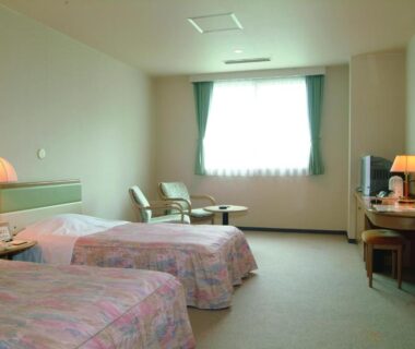 Two beds with seating area, desk and TV at Horoshin Onsen Hotarukan, Hokkaidō, Japan