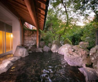 Rock-lined outdoor onsen beside ryokan building framed by trees in Ōita